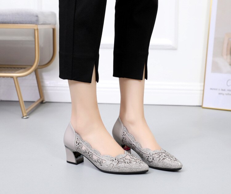 Advbridge Summer Fashion Hollow Out Genuine Leather Pumps Women Shoes Med Heels Square Diamond Mesh Ladies Office  Crystal Pointshoes