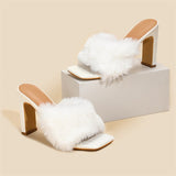 Advbridge Liyke New Square High Heels Mules Slippers Fashion Pink Fur Feather Summer Sandals Peep Toe Slip-On Shoes Women Slide Pumps