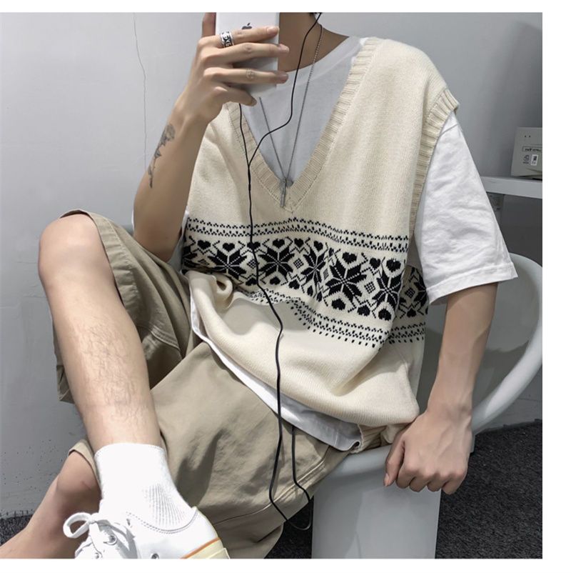 Advbridge Spring Autumn Winter Solid Patchwork Stripes Casual Pullover Vest Men Loose Knitted Top Student Sweater Retro Versatile Flower