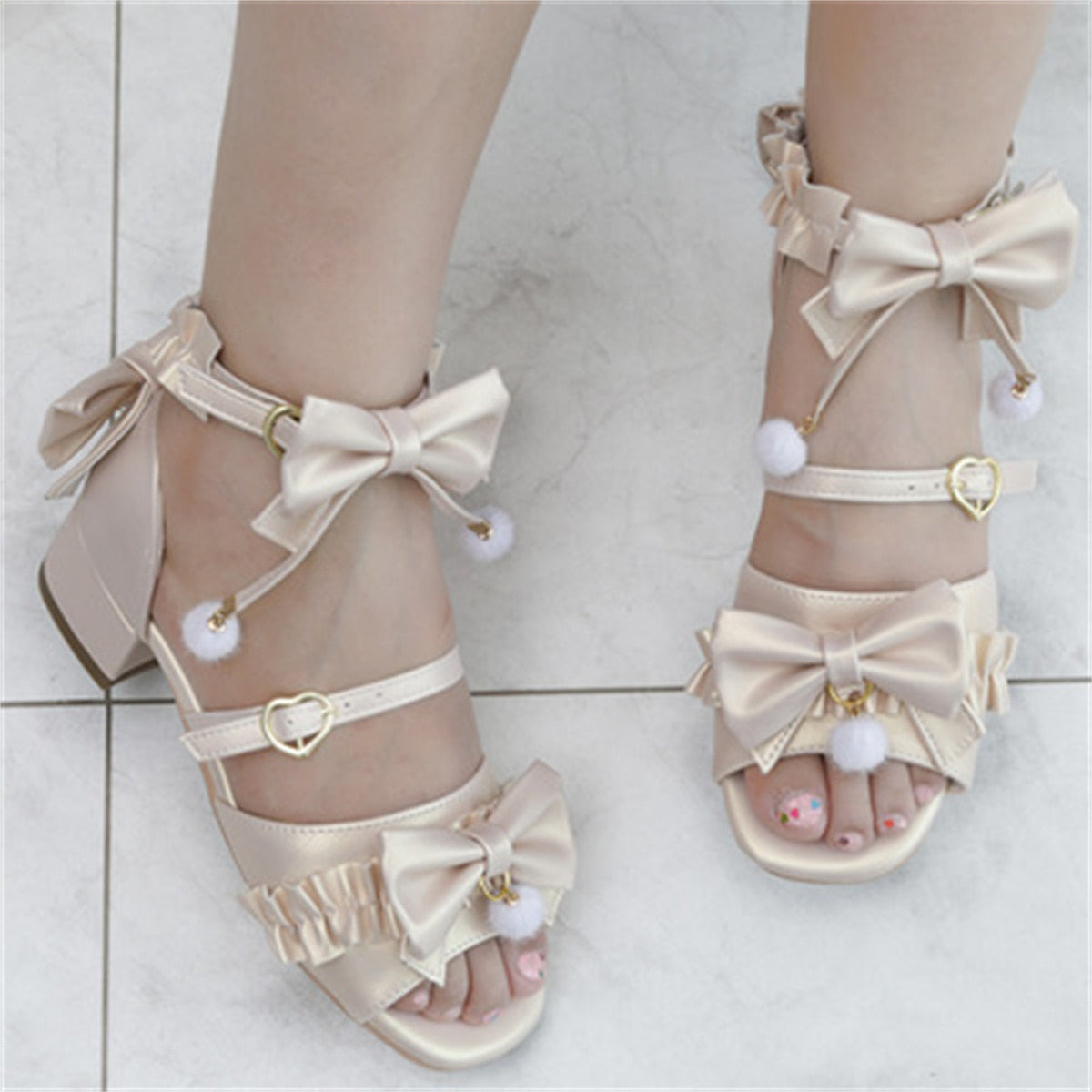 Advbridge Japanese Sweet Style Cosplay Lolita Girls Shoes Kawaii Lolita Bare Toes Bow Hair Ball Buckle Straps 3.8cm Low Heel PU Shoes