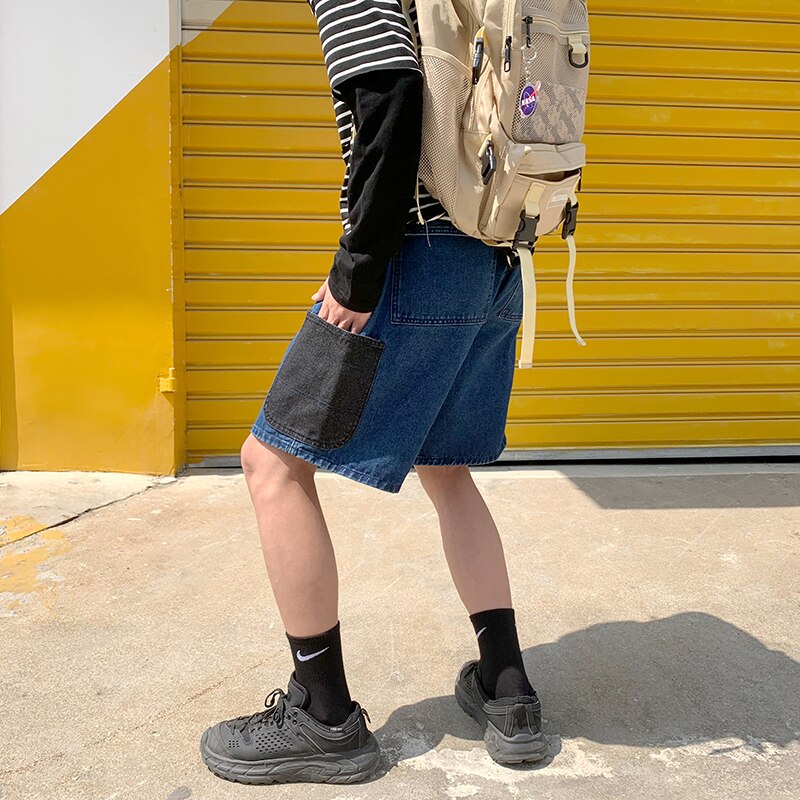 Advbridge Mens Patchwork Color Denim Shorts Streetwear Bermuda Male Multi-Pockets Casual Half Jean Summer Fashion Cargo Shorts Men
