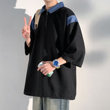 Advbridge Denim Patchwork Waffle Polo Shirts for Teenage Fashion Trends Oversized Streetwear Mens Loose Fit Golf Tees Casual Pullover Tops