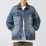 Advbridge Winter Men's Solid Casual Loose Pockets Old Washed Denim Jacket Retro Corduroy Splicing Design Coat Jacket