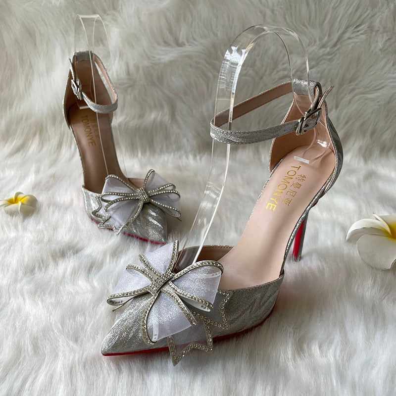 Advbridge Free shipping Hot Sale Silver Glitter Crystal Mesh Butterfly Open In The Middle Ankle Strap 2023 New Style Spring Wedding Shoes