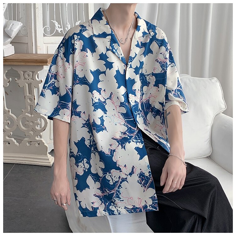 Advbridge Summer Men Short Sleeve Floral Shirt Streetwear Fashion Loose Turn-down Collar Mens Hawaiian Vibe Shirts Vacation Camisa