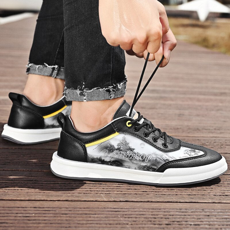 Advbridge Men Leather Shoes Lace Up Mens Casual Shoes Fashion Sneakers Men Shoes Graffiti Personalized Men's Shoes