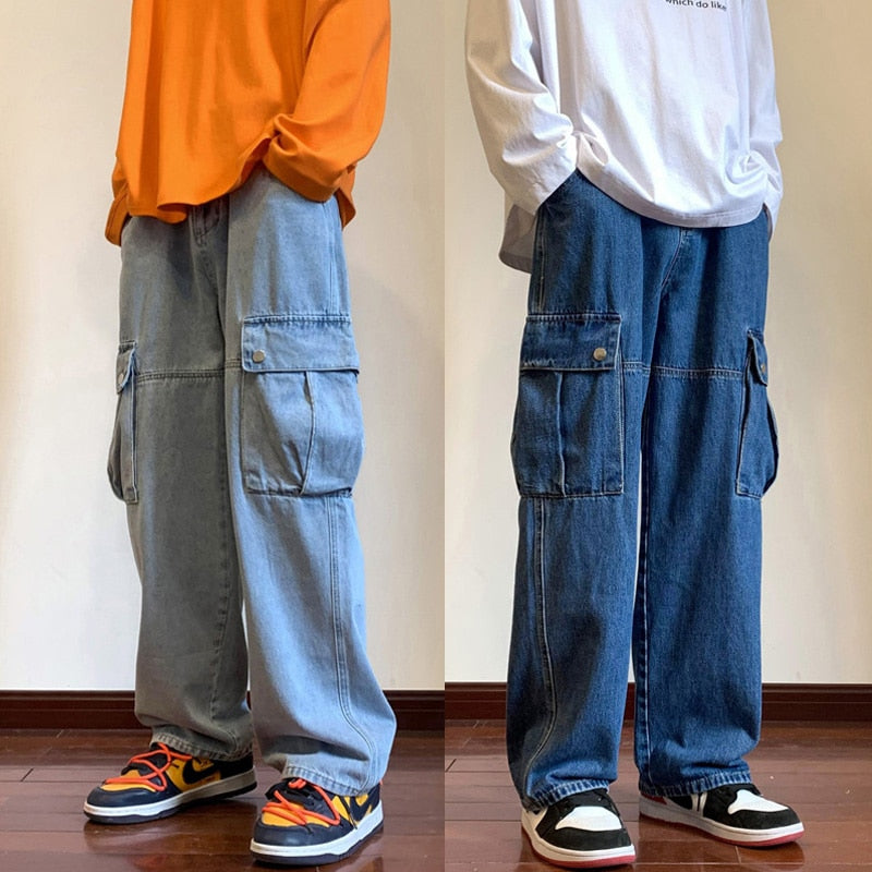 Advbridge Wide Leg Cargo Pants Autumn New Streetwear Baggy Hip Hop Jeans Big Pockets Men Korean Fashion Loose Straight Male Clothing Blue