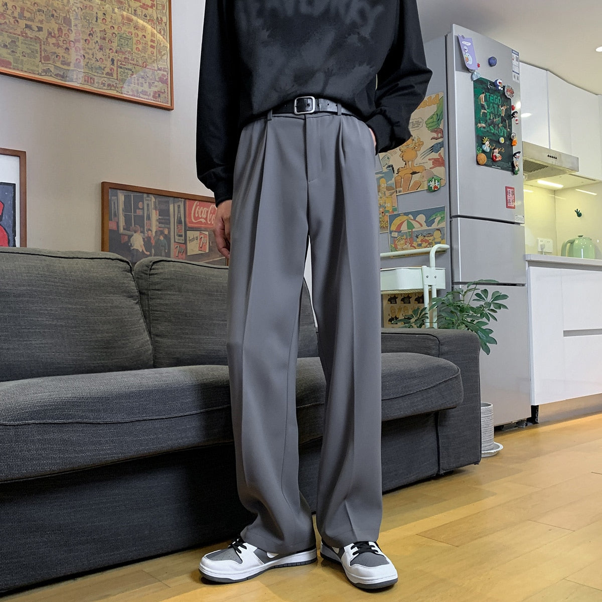 Advbridge New Men Suit Pants Solid Full Baggy Wide Leg Trousers Straight mop pants Bottoms Streetwear Oversize Unisex Casual Pants