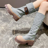 Advbridge Retro Denim Chunky Platform Boots Women Autumn Patchwork Western Style Cowboy Boots Woman Thick Heels Mid Calf Botas