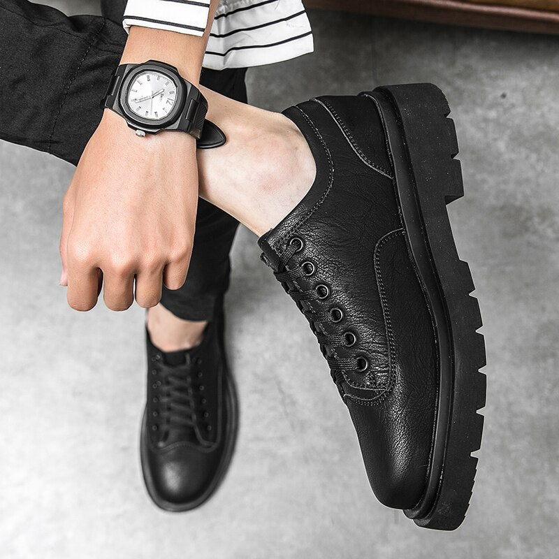 Advbridge Retro Solid Color Rubber Sole Business Men's Shoes Autumn New Men Casual Shoes Thick Bottom Heightened Casual Leather Shoes