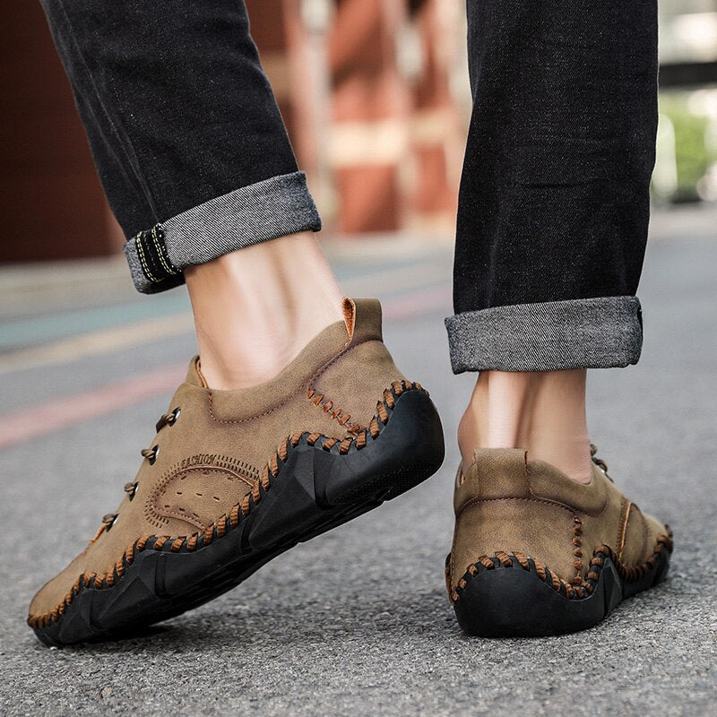 Advbridge Fashion Vintage Handmade Leather Men Shoes New Outdoor Casual Loafers Lace-up Moccasin Tooling Shoes Driving Flat Big Size 38-48