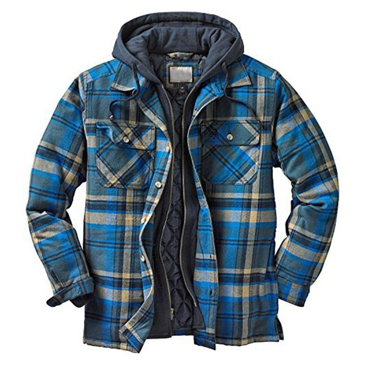 Advbridge Men's Fashion Winter Warm Plaid lining Fleece Shirt With Hood Cotton Padded Thick Bomber jacket Thermal Tops Clothing for men