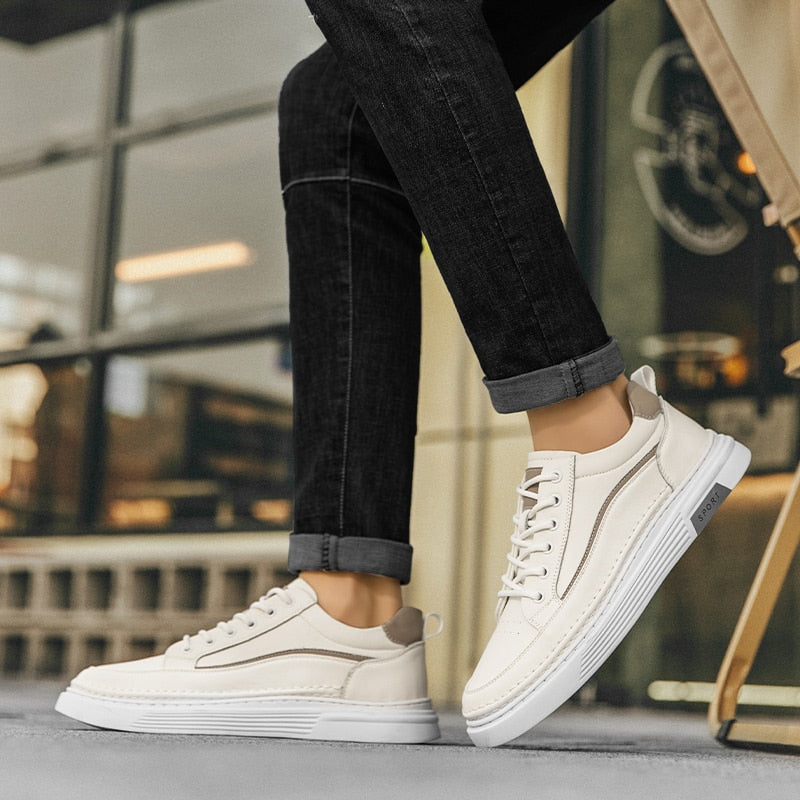 Advbridge Fashion Mens Casual Shoes Simple Leather Men Sneakers Youth Teenage Vulcanize Shoes Comfortable Male Skateboard Footwear Lace-Up
