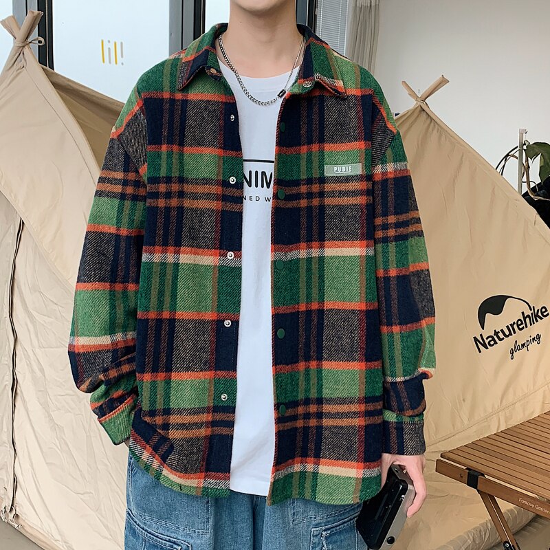 Advbridge New Men Casual Plaid Flannel Shirt Spring Autumn Long Sleeve Shirt Men Clothing Harajuku Black Shirt Korean Style Streetwear 3XL