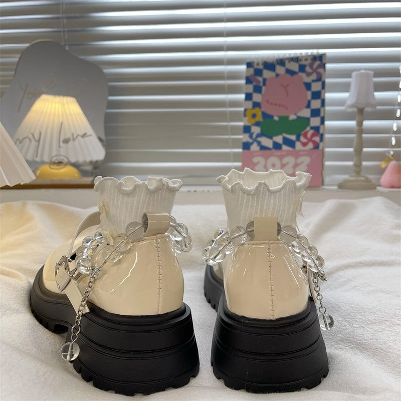 Advbridge Kawaii White British Jk School Girls Loli Shoes Lady Summer New Pearl Fairy Style Thick Platform Mary Jane Mid Heel 4.5cm