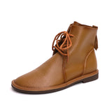 Advbridge Genuine Leather Low Heel Ankle Boots For Women Female Lace Up Soft Soles Shoes Leisure Ladies Flats Boots Big Size 41 42