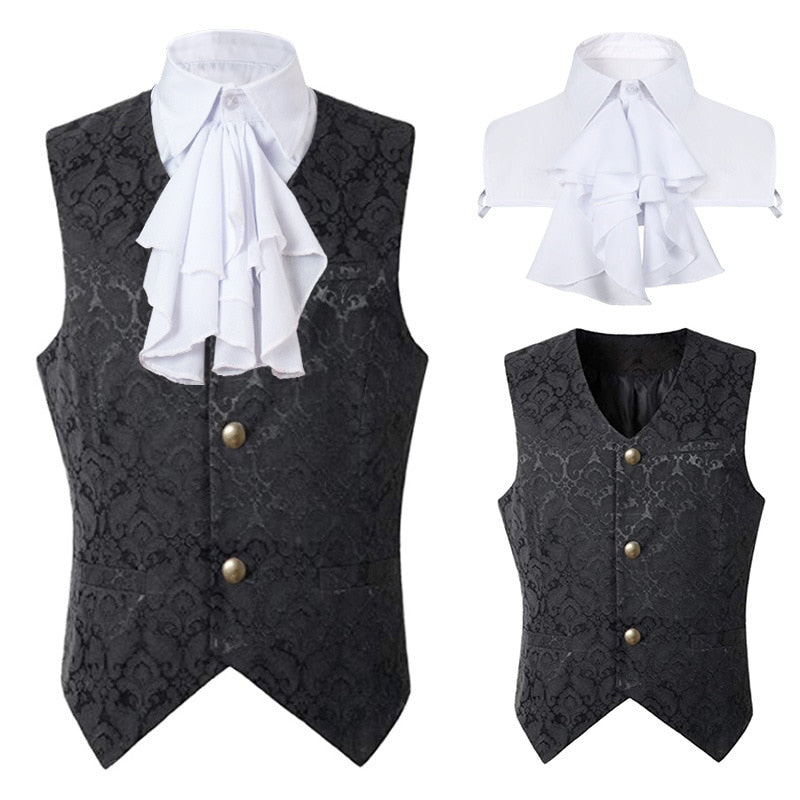 Advbridge Mens Black Victorian Suit Vest Steampunk Gothic Brocade Waistcoat Men Renaissance Costumes Party Halloween Vests With Jabot Tie