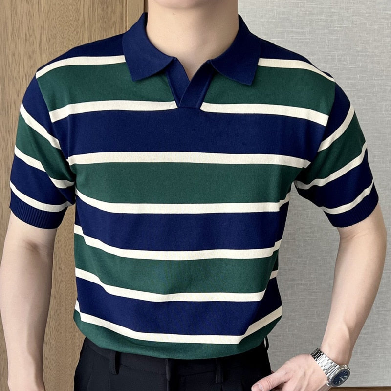 Advbridge Summer Short Sleeve Vintage Stripe Contrast Stitching T Shirt Men Casual T-Shirt  Breathable Lapel Polo Tees Men Clothing