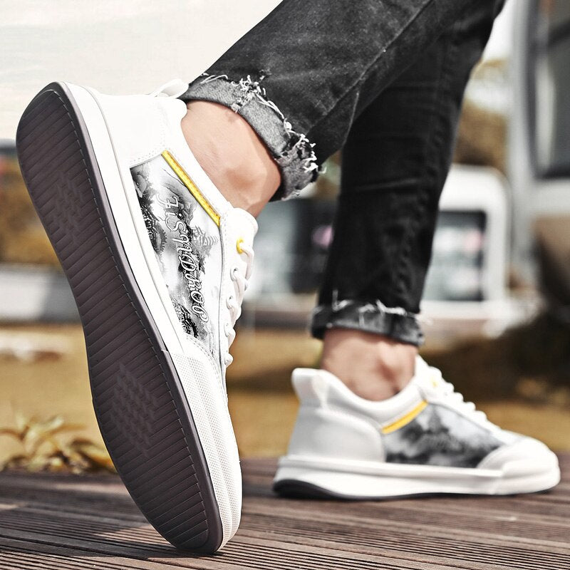 Advbridge Men Leather Shoes Lace Up Mens Casual Shoes Fashion Sneakers Men Shoes Graffiti Personalized Men's Shoes
