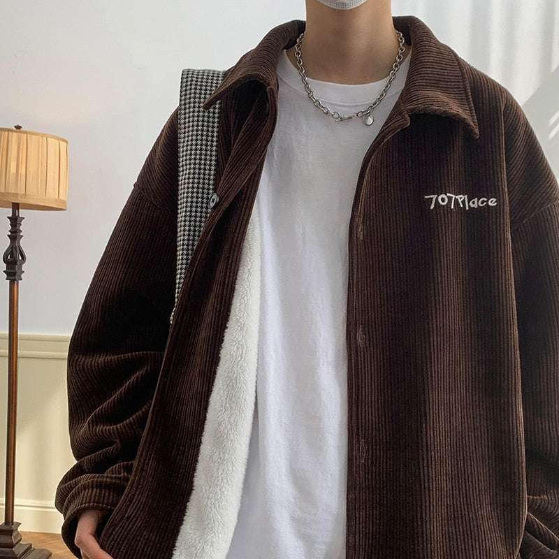 Advbridge Winter Vintage Corduroy Striped Shirts Men Thick Warm Long Sleeve Simple Button Up Shirts Jacket Loose Casual Male Clothes