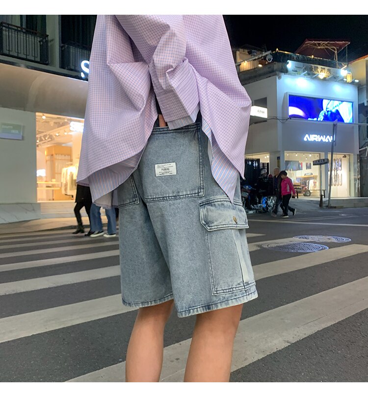 Advbridge Mens Patchwork Color Denim Shorts Streetwear Bermuda Male Multi-Pockets Casual Half Jean Summer Fashion Cargo Shorts Men