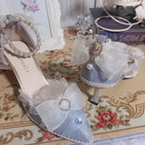 Advbridge Pearl Chain Sweet Lace Bowknot Elegant Princess  Pointed Sandals Lolita Shoes Silver Wedding Tea Party Cosplay Lolita Shoes