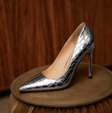 Advbridge White Silver Stone Leather Pumps Stiletto High Heel Women Real Leather Pointy Toe Thin Heels Shallow Slip On Formal Shoes