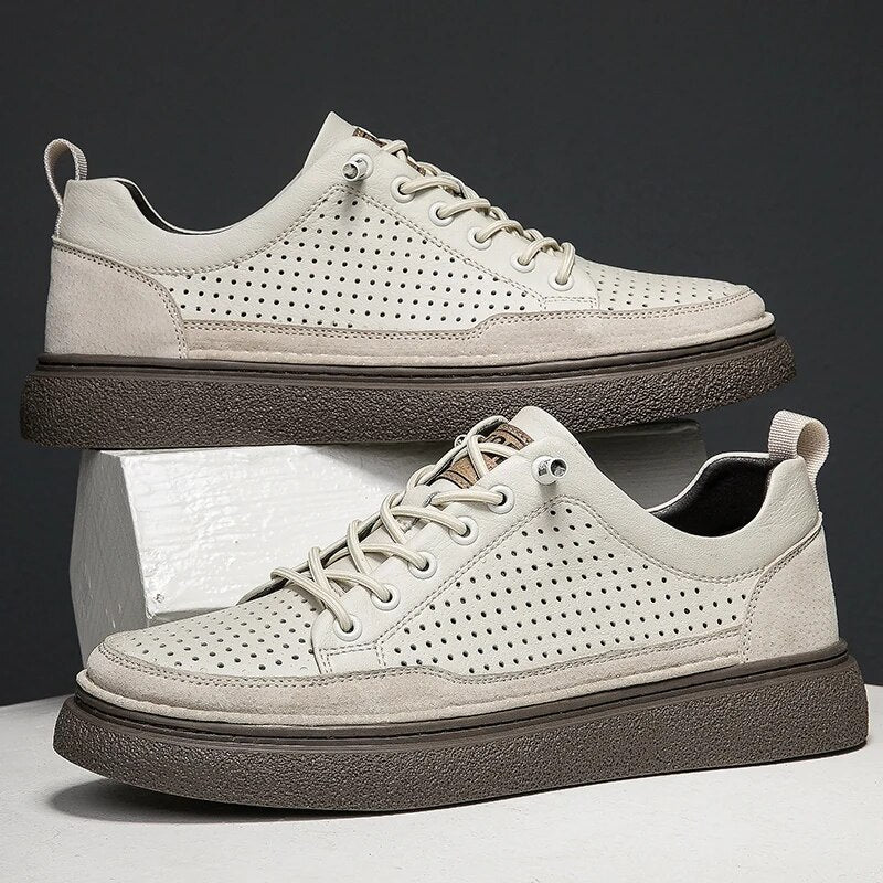 Advbridge Hollow Out Men Casual Shoes Genuine Leather Sneakers Breathable Lace Up Footwear Comfort Man Skate Shoes Outdoor Vulcanize Shoes