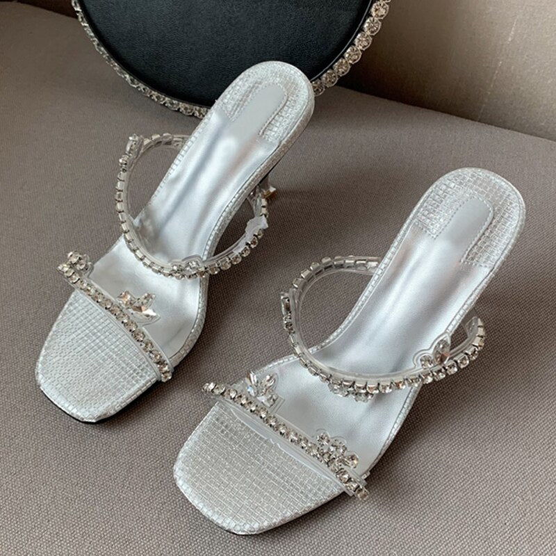 Advbridge New Crystal Rhinestone PVC Transparent Slippers Women Slide Square Toe Strange High Heels Sandals Party Wedding Shoes