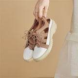 Advbridge New College Style Lace Up Hole Sandals Women Summer Sandals Round Toe Platform Shoes for Women Split Leather Women Sandals