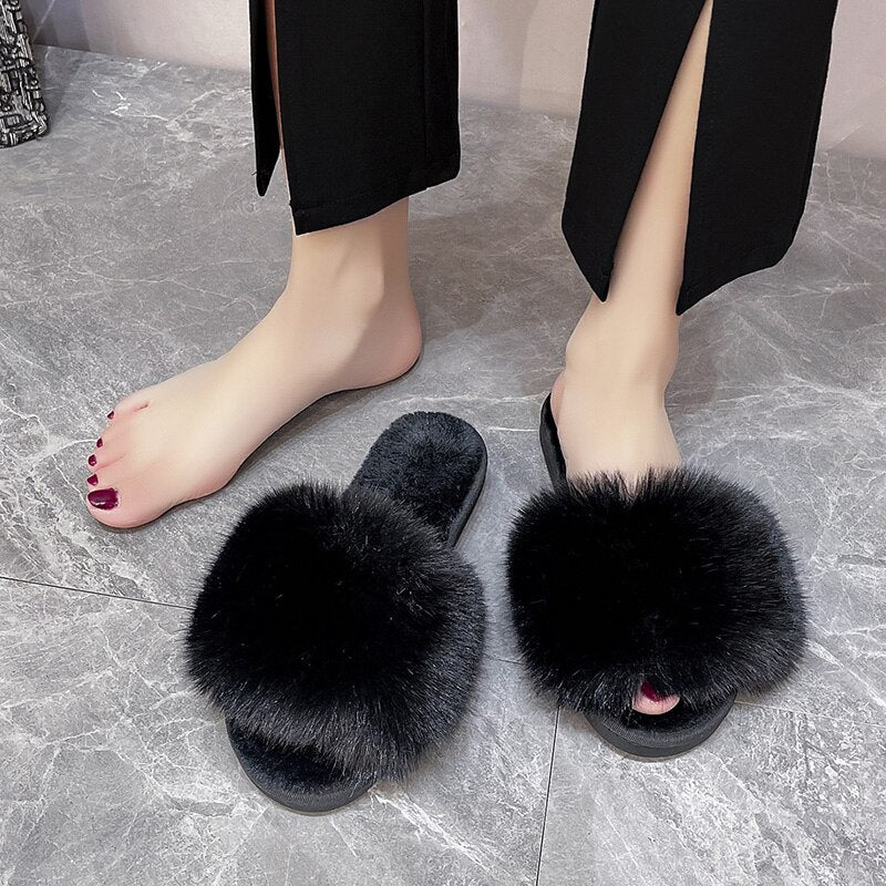 Advbridge Winter Fur Slippers Home Women Indoor Furry Soft Fluffy Plush Platform Flat Cotton Slippers Luxury Designer Slides House Shoes