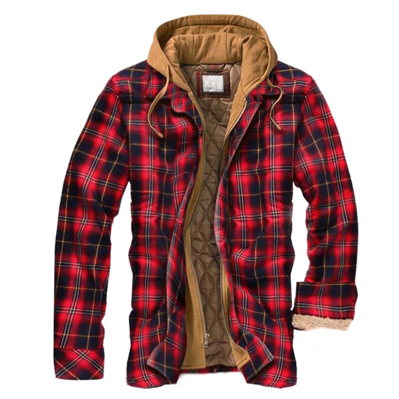 Advbridge Men's Fashion Winter Warm Plaid lining Fleece Shirt With Hood Cotton Padded Thick Bomber jacket Thermal Tops Clothing for men