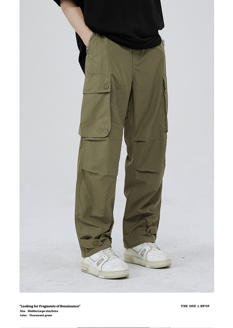 Advbridge Autumn All Season Casual Soft Solid Men's Cool Boys Waist Loose Versatile Overalls Pocket Cargo Pants Button  Unisex