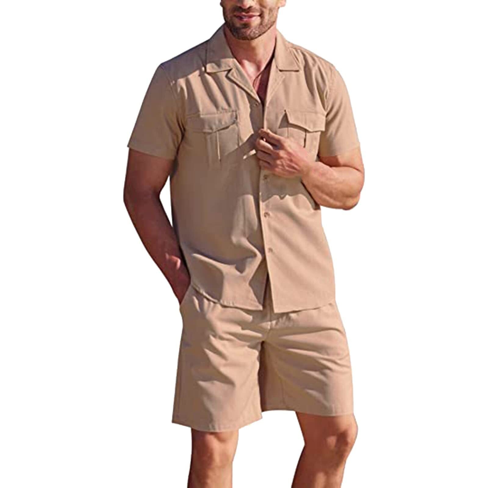 Advbridge Men's Loose Casual Cotton Linen Short Sleeve Shirt + Shorts