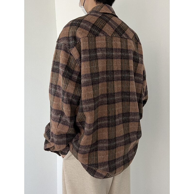 Advbridge Winter Thick Woolen Shirt Men Fashion Retro Thicken Plaid Shirt Men Korean Loose Oversized Long Sleeve Shirt Men Woolen Coat