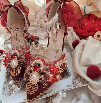 Advbridge Chinese Style Cosplay Girl Shoes Gorgeous Wedding Lace Embroidery Pearl Gem Flower Phoenix Feather Pointed 5-7cm High Heel Shoes