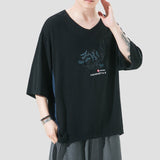 Advbridge Kirin Embroidery Fashion T-Shirt Men Seven Sleeves V-Neck Tees Tops Male Summer Casual T Shirt Streetwear Male Black/Rice white