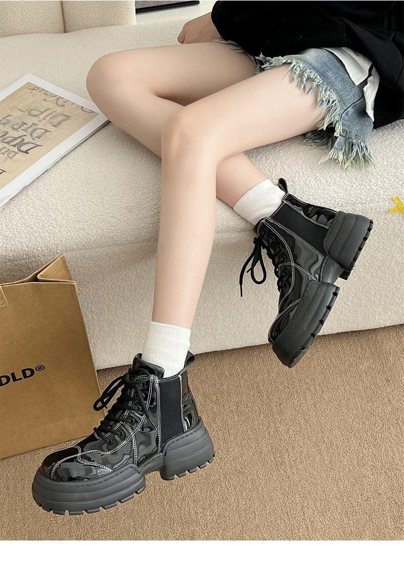 Advbridge 2023 Brand Women Ankle Boots Genuine Leather Chunky Black Platform Winter Lace Up Woman Short Boots Woman Motorcycle Boots Shoes