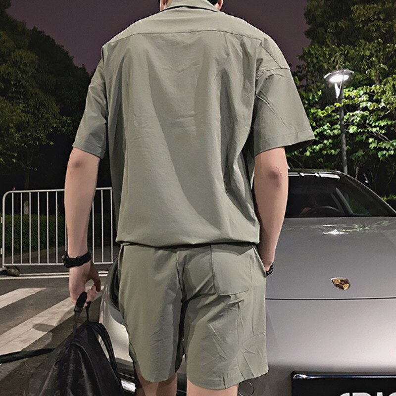 Advbridge Summer 2 Piece Set Short Sleeve Polo Shorts Army Green Big Pocket Men's Sports Suit Casual Social Street Wear Men Sets Clothing