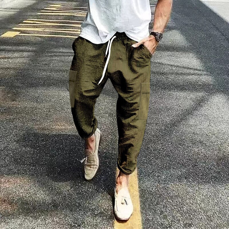 Advbridge Vintage Solid Loose Corduroy Trousers Men Casual Drawstring Pocket Sports Trouser Men Fashion High Waist Korean Casual Pant