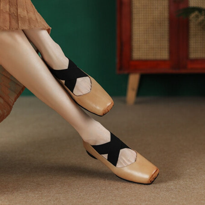 Advbridge Chic Elastic Crosseed Slip On Square Toe Ballet Shoes Women Vintage Cow Leather Mary Jane Flat Loafers Shoes Dancer Shoes
