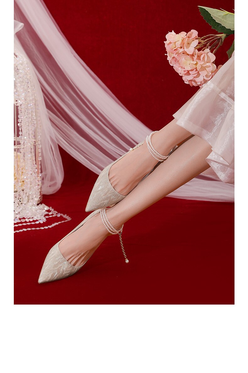 Advbridge Bridal Wedding Bridesmaid Shoes Crystal High Heels Women's Bandage Middle Heel French Wedding Dress Shoes Pearl Single Shoes