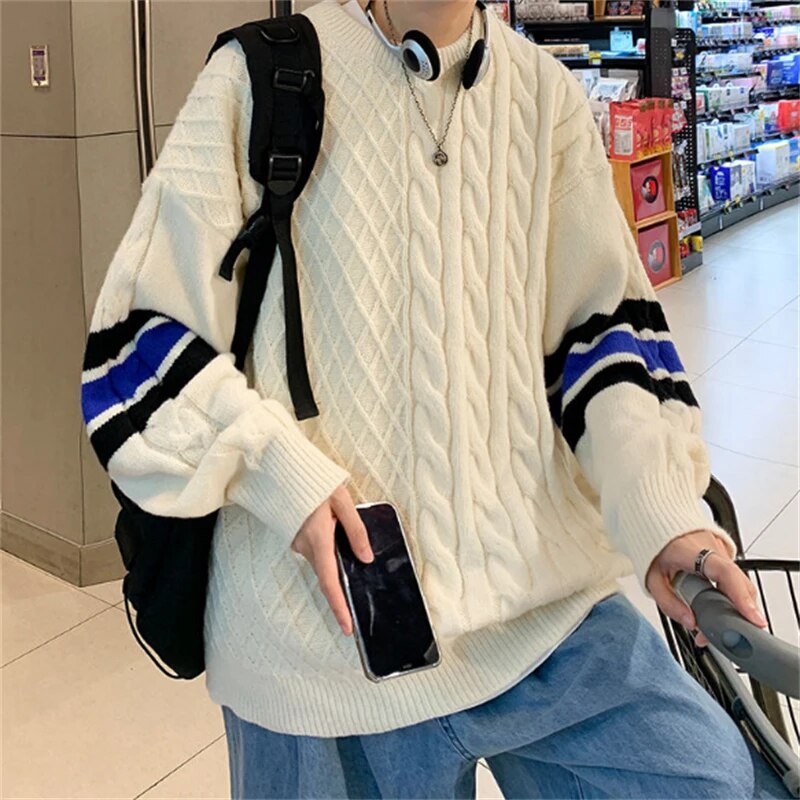 Advbridge New Spring Autumn Men's O-neck Sweaters Fashion Patchwork Youth Chic Pullover Loose Tops Male Knitted Sweater