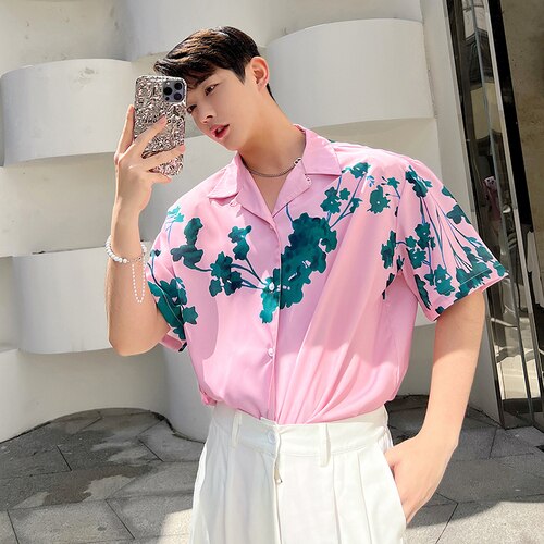 Advbridge Summer Men Shirt Short Sleeve Cuban Collar Vintage Fashion Loose Casual Pink Print Shirts Male Korean Streetwear Shirt