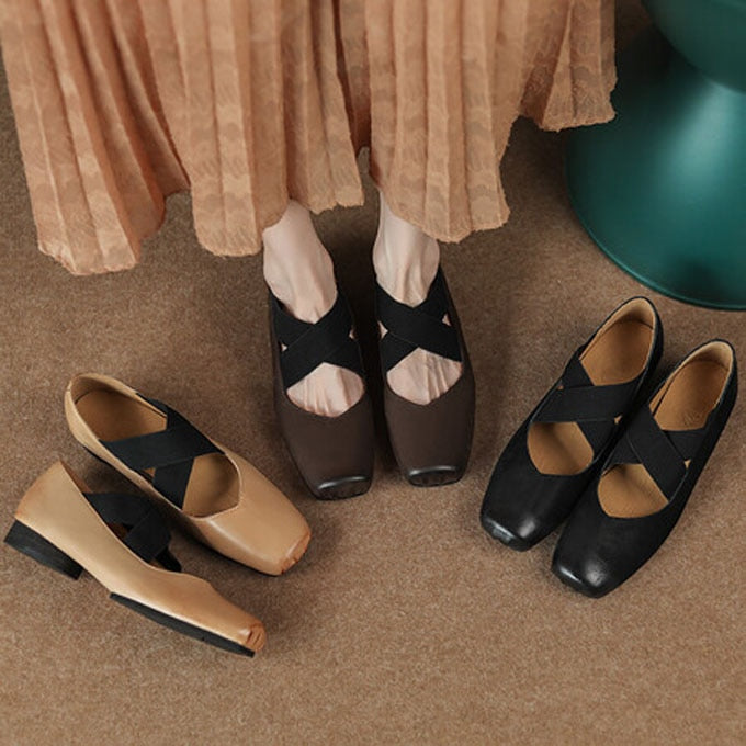 Advbridge Chic Elastic Crosseed Slip On Square Toe Ballet Shoes Women Vintage Cow Leather Mary Jane Flat Loafers Shoes Dancer Shoes