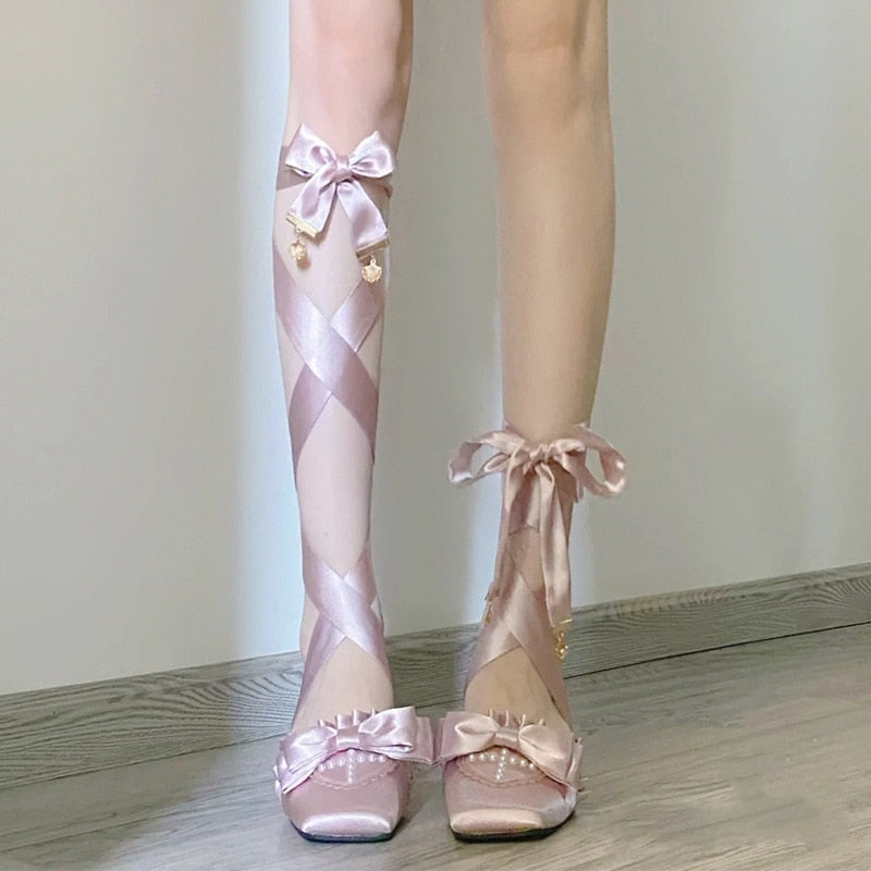 Advbridge NEW Lolita Sweet French Style Silk Bandage Ballet Shoes Women Square Toe Bowtie Women Pumps Elegant Valentine Shoes