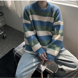 Advbridge Autumn Winter Men's Sweaters Casual Streetwear O-neck Striped Print Tops Loose Knit Sweater Male