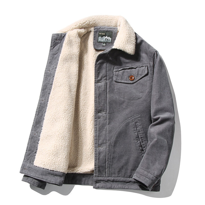Advbridge Men's Winter Button Jacket Plus Velvet Overcoat Corduroy Tooling Casual Parka Korean Fashion Solid Color Cotton Jackets