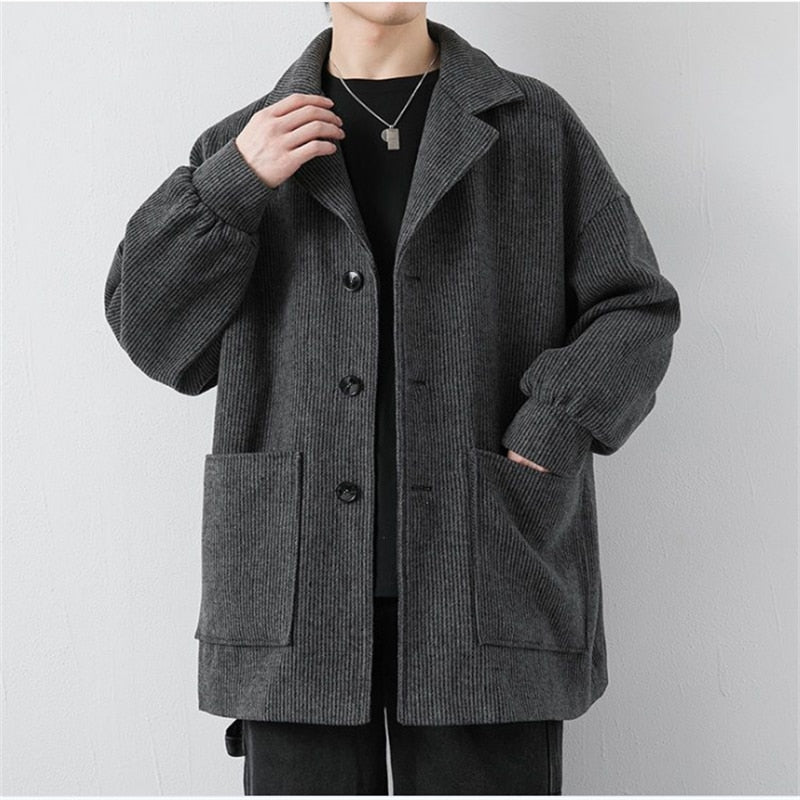 Advbridge Autumn Winter Men Woolen Coats Casual Turn Down Collar Jacket Loose Single Breasting Tops Korean Tide Coats