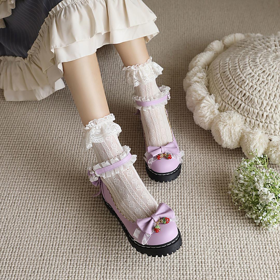 Advbridge Lolita Shoes Bowknot Lace Bridal Wedding Shoes Women Bordered Princess Pink Girls Sweet Ruffles Dress shoe JK Platform